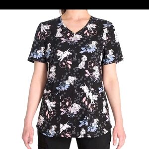 Disney Scrubs Top Black and Pink Dalmatian Floral Tee XXL
